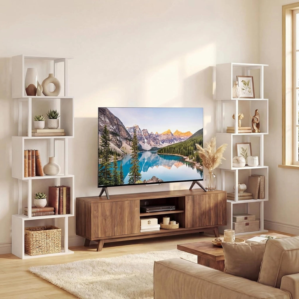 Libreria a 5 Livelli in Legno, Scaffale Espositore Geometrico con Struttura in Metallo, Mobile Portaoggetti Salvaspazio per Camera da Letto Soggiorno Ufficio, 38x23x147 cm (Bianco)