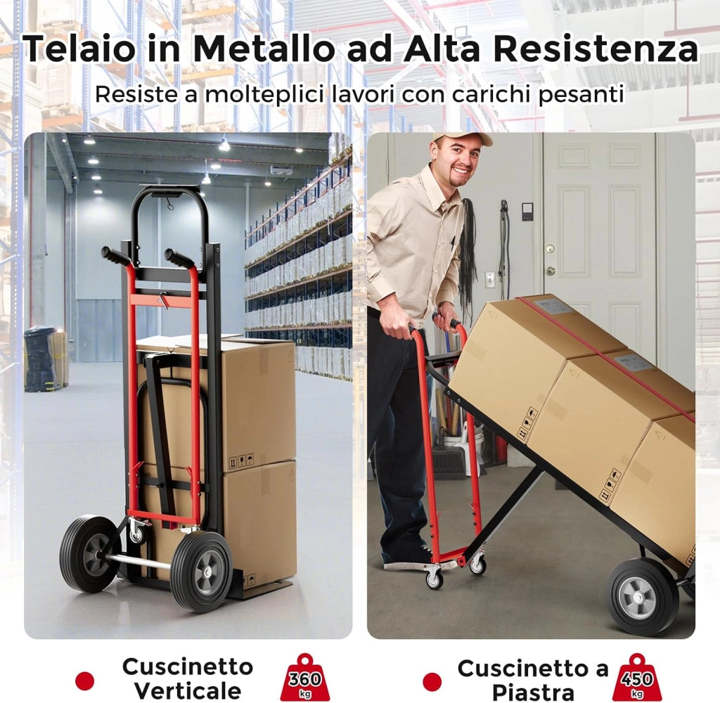 3 in 1 Carrello a Mano, Carrello Portapacchi con 4 Ruote in Gomma, Carrello Pieghevole per Trasporto e Spostamento in Magazzino, Casa, Portata Massima 450 kg (Rosso)