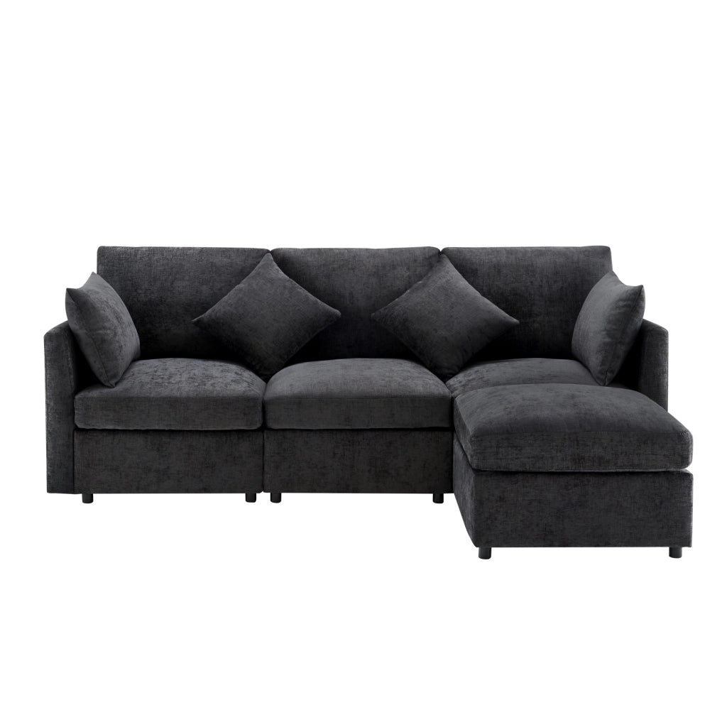 Divano Angolare Reversibile 4 Posti con Pouf Mobile; Cuscini; Seduta Ergonomica; Struttura in Legno; in Ciniglia Grigio