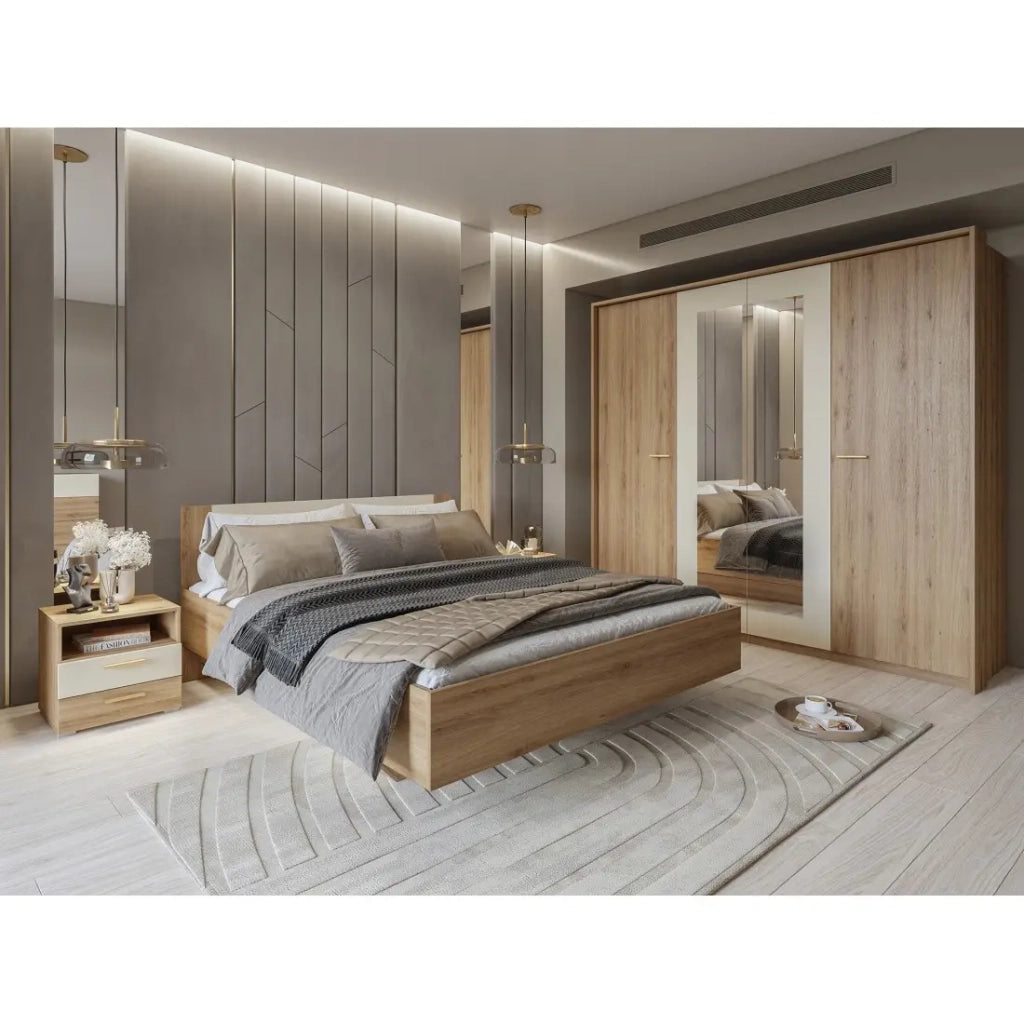 Camera completa VERTIGO – Letto contenitore 160x200, 2 comodini, armadio 4 porte + contorno design