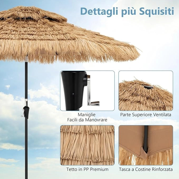 Ombrellone da Giardino in Paglia PP, Ombrellone Hawaiano 256 cm, con Luci LED, Manovella Manuale, Inclinazione di 35°, Ombrellone Tiki con 8 Stecche per Spiaggia Giardino