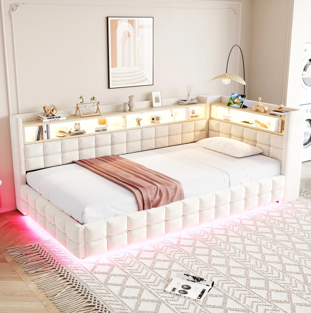 Letto imbottito con contenitore 90x200 cm in velluto beige; LED; prese e ripiani