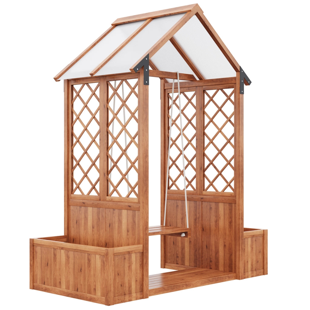 Fioriera con grigliato 163x142x70 cm con altalena e tettuccio parasole in legno marrone