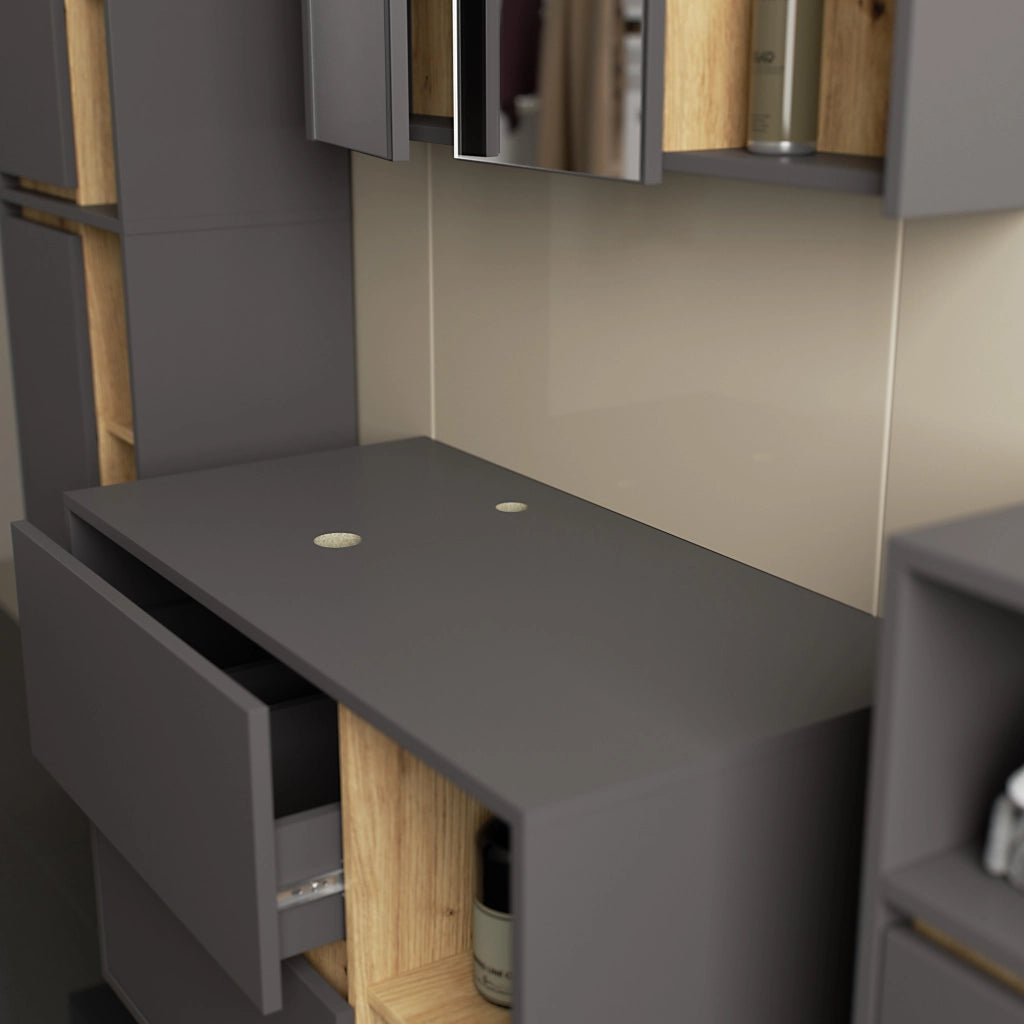 Set di mobili da bagno sospesi VAMI in Grigio Grafite con interno Rovere Artisan con fori per lavabo da appoggio