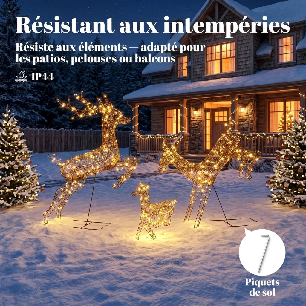 Set di 3 renne natalizie luminose, 120 cm, per esterni, con 200 LED bianco caldo, 8 modalità e timer.