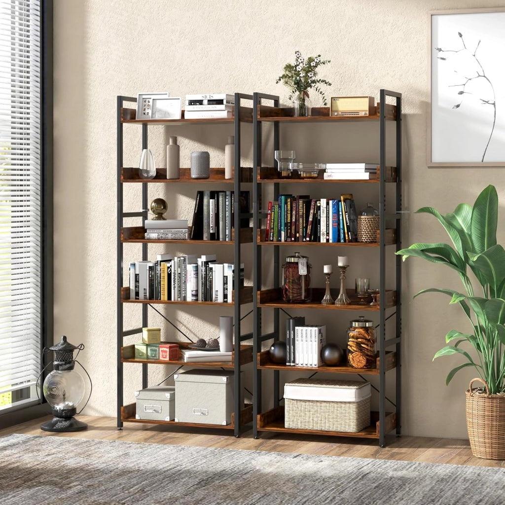 Libreria a 6 Livelli, Scaffale con 4 Ganci, in Metallo, per Soggiorno, Studio, 69 x 34 x 177 cm