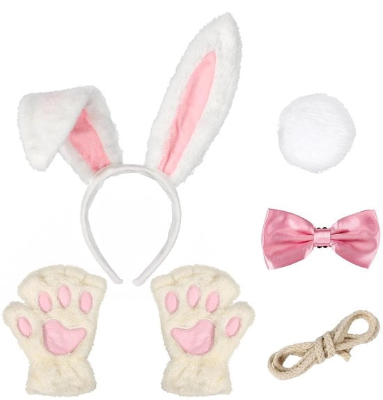 Set di costume per coniglio - Cappello in peluche - Sciarpa farfalla - Guanti - Code di coda - Corda - Accessori di travestimento carini - Set di travestimento