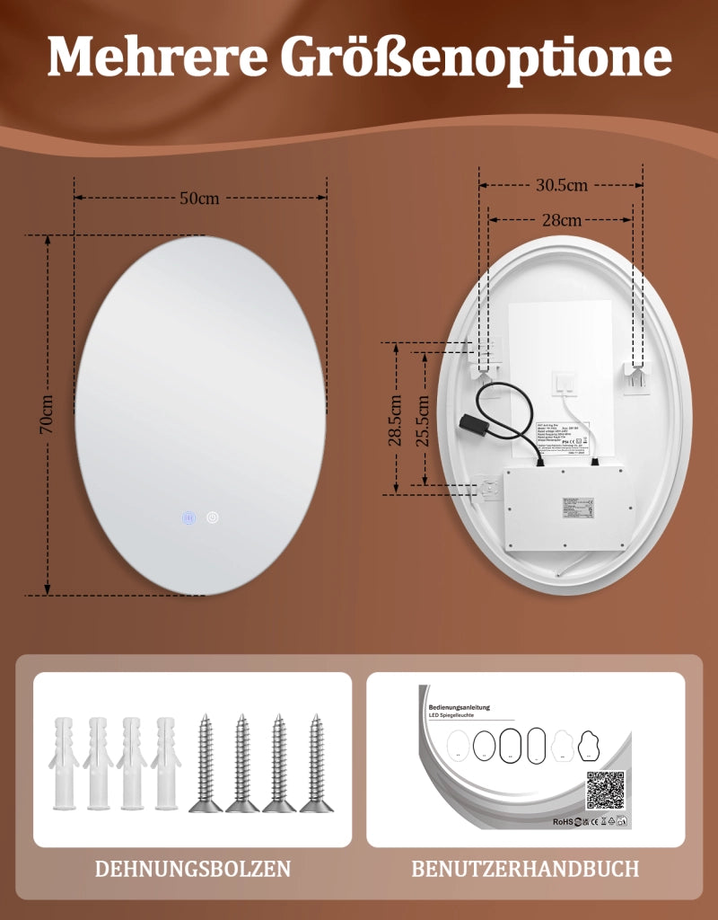 ZMH Specchio da bagno ovale LED 50x70 cm parete IP44 interruttore touch antiappannante dimmerabile 3000K-6500K