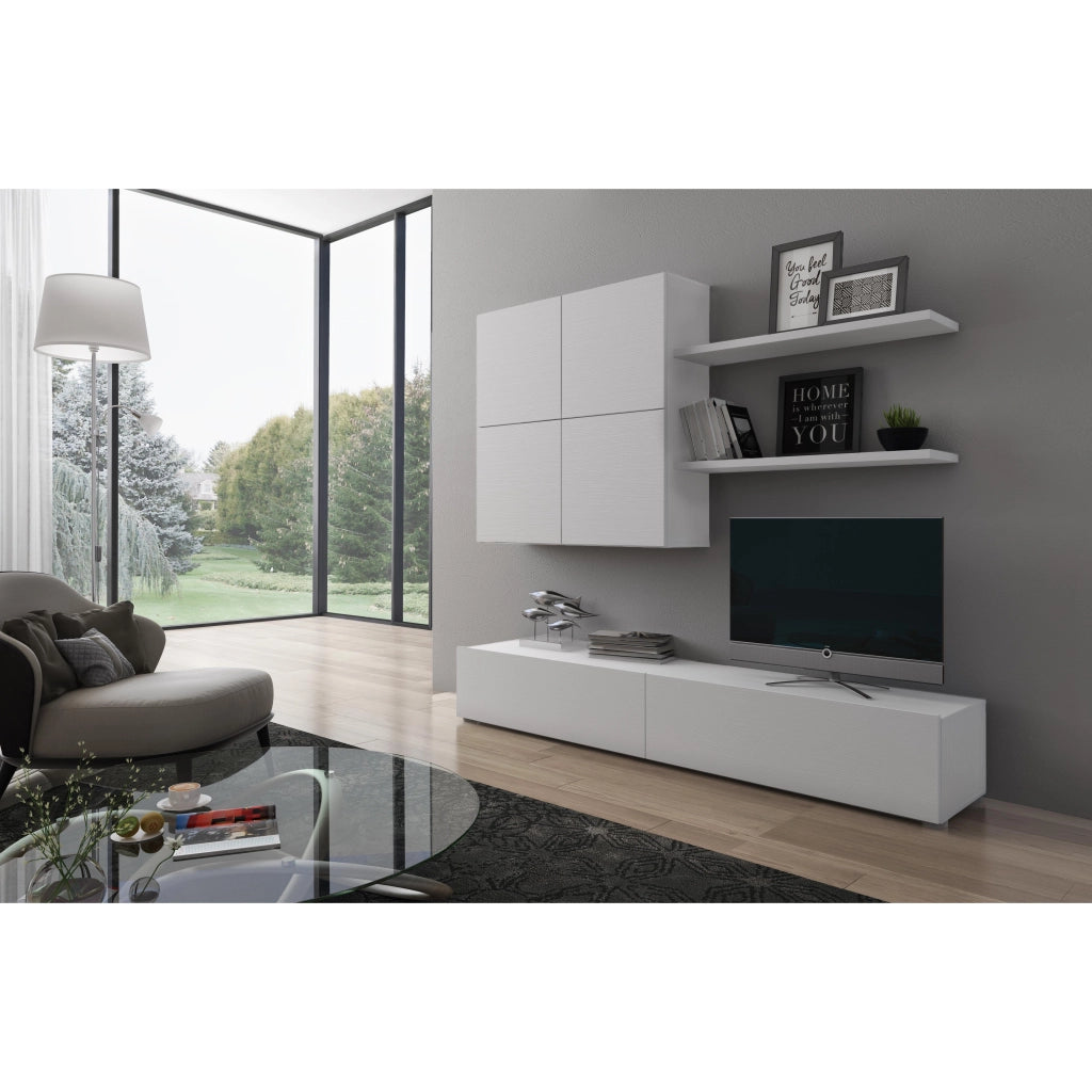 Parete Attrezzata Soggiorno Moderna Con Base TV Due Ante Pensile Quattro Ante E Due Mensole In Melaminico Facile Da Pulire Design Contemporaneo 200 X 194 X 40 Cm Bianco Effetto Legno