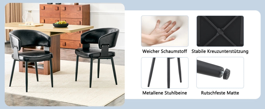 Sedie da pranzo in PU nero, design moderno con schienale sagomato e gambe in metallo