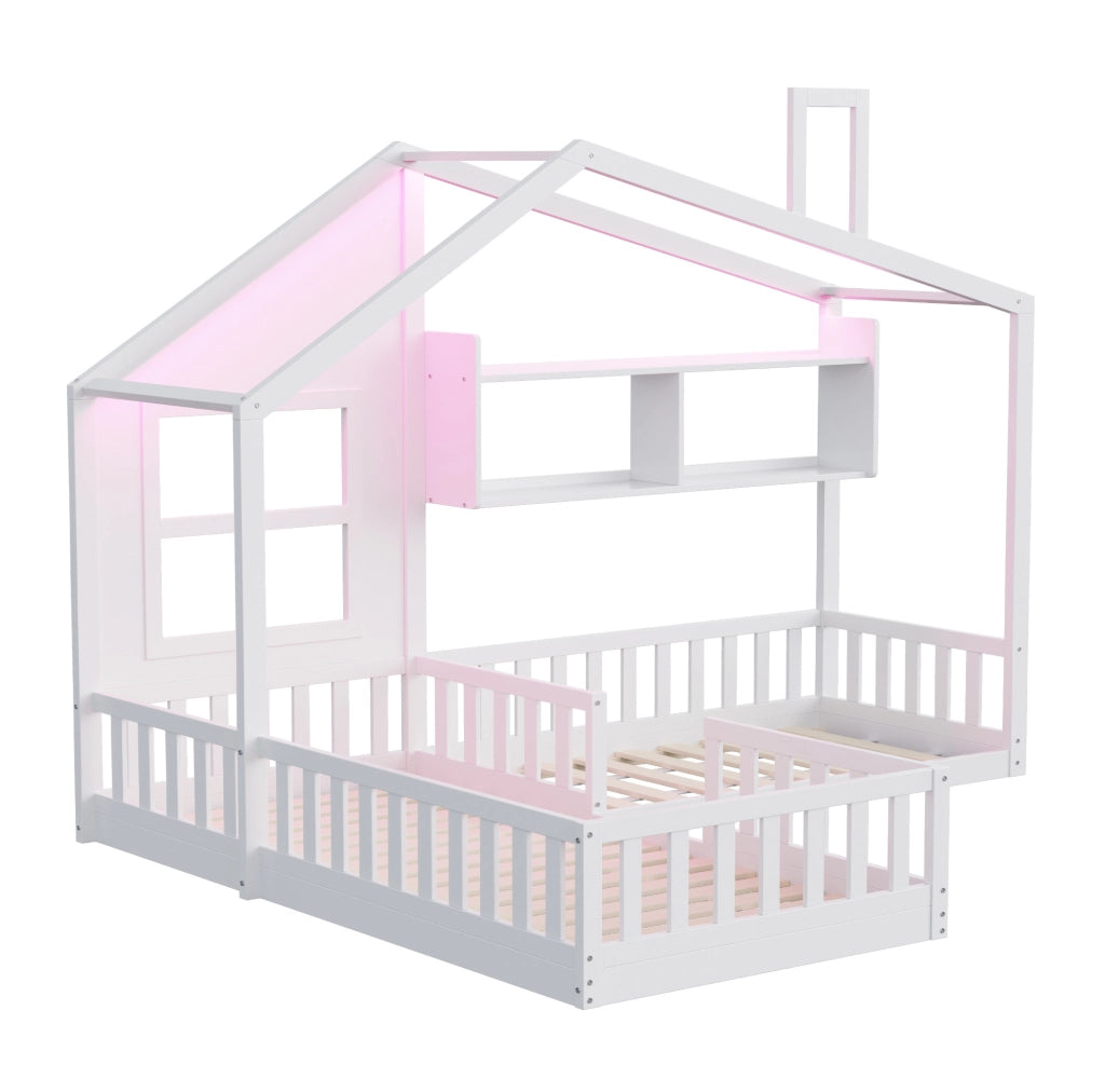 Letto a casetta 90x200 cm con LED, mensole e sponde di sicurezza