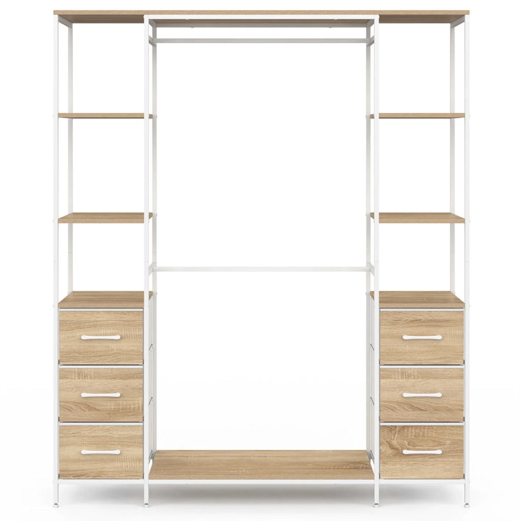 IDMarket - Armadio doppio UTAH + colonna doppia L. 140 cm con 6 ripiani e 6 cestini in legno e tessuto bianco