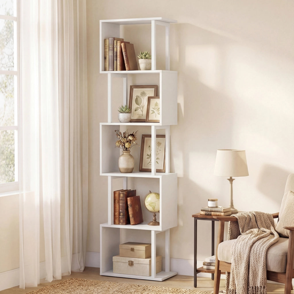 Libreria a 5 livelli in legno con struttura in metallo e 5 scomparti geometrici, Mobile portaoggetti salvaspazio per camera soggiorno ufficio Bianco