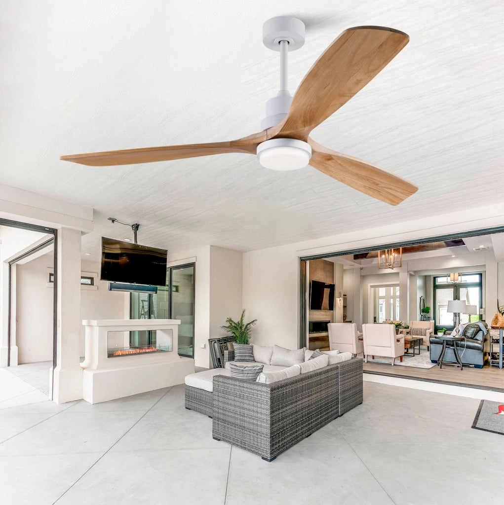 Ventilatore a soffitto da 60 pollici in legno massello con LED regolabile; telecomando; Natural e Bianco