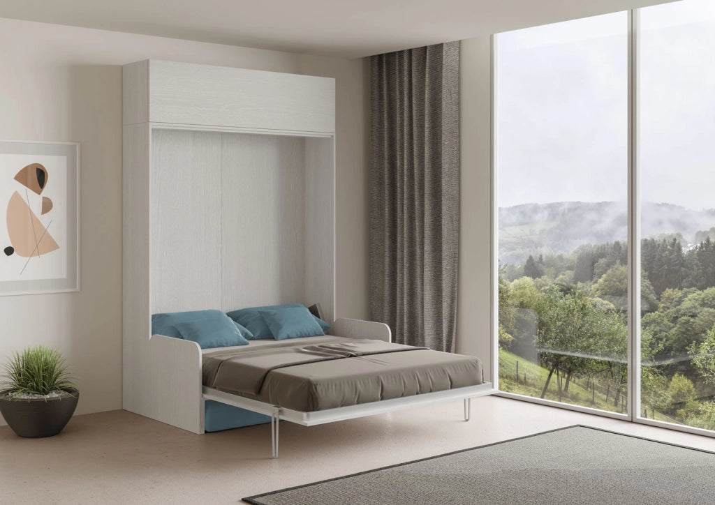 Letto matrimoniale a scomparsa 160 Kentaro con divano e pensile bianco frassino, azzurro