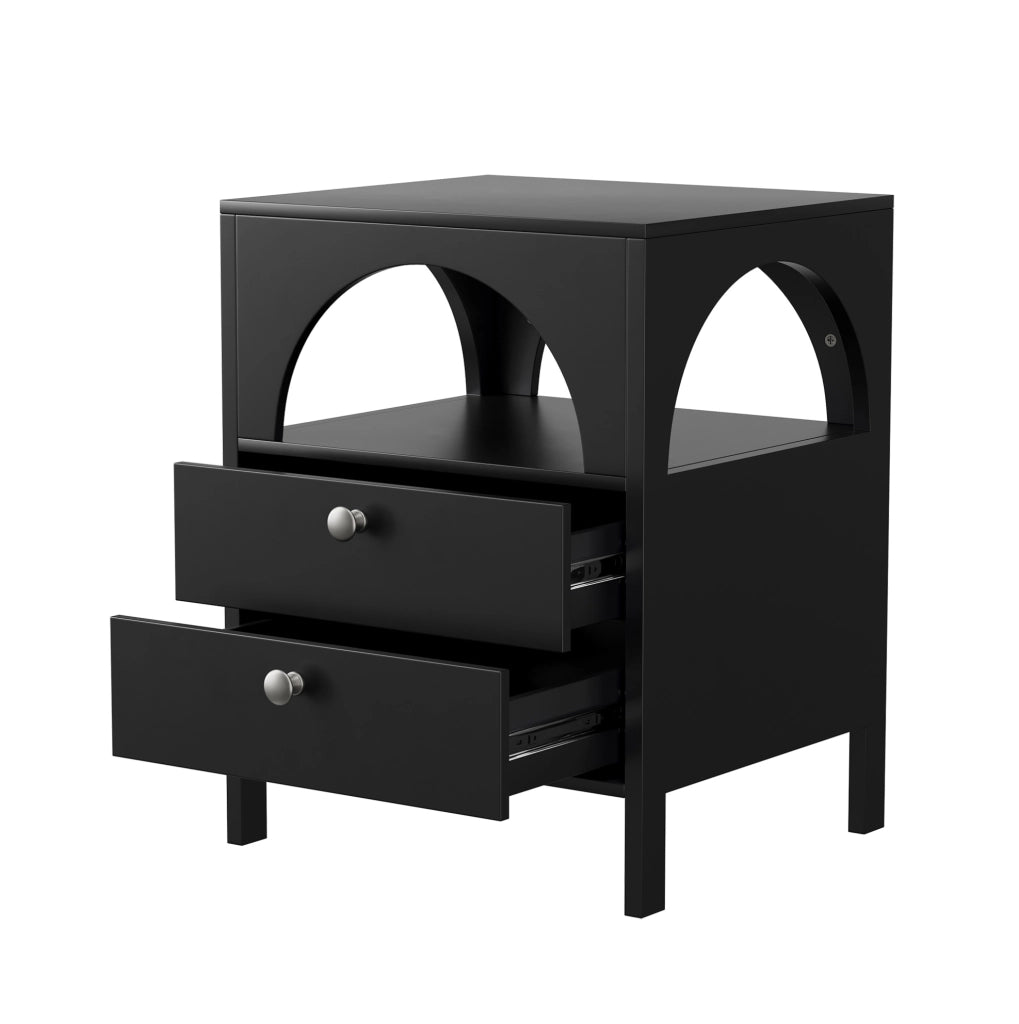 Comodino ULEVR nero in MDF con 2 cassetti e vano aperto, mobile contenitore per camera da letto