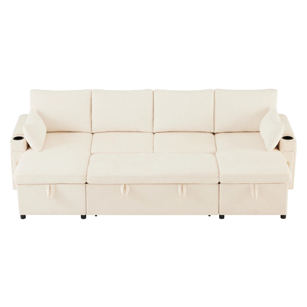 Divano letto angolare a 4 posti con portaoggetti - Zephmum- Beige, portaoggetti, cuscini