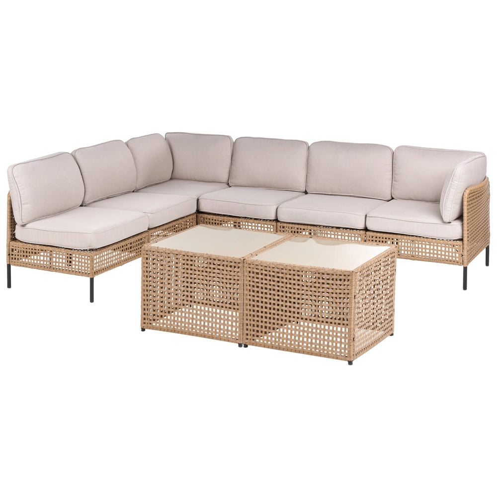 Divano angolare da giardino in rattan PE beige chiaro modulare a 6 posti con tavolino in vetro struttura in metallo con cuscini stile moderno