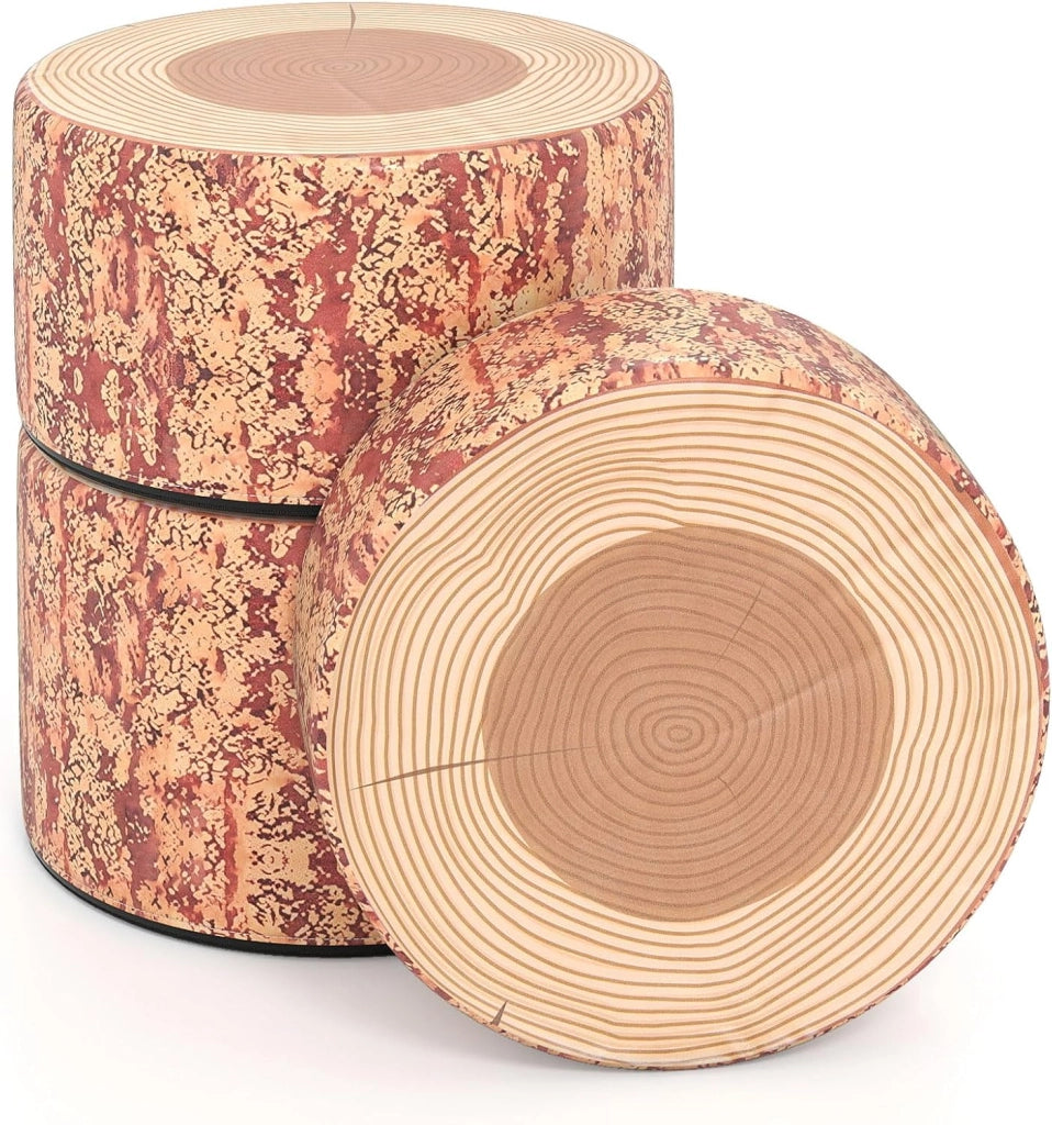 Set di 3 Sgabelli a Ceppo d'Albero, Cuscini da Pavimento per Bambini con Stampa Legno, Decorazione Naturale e Altezze Diverse, Sgabelli Rotondi per Aula, Casa e Asilo (Legno)