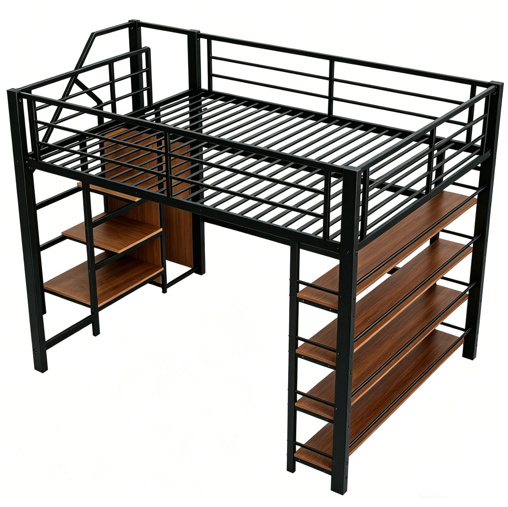 Letto a soppalco ULEVR 140x200 cm con scala contenitore, guardaroba e ripiani, metallo e MDF nero
