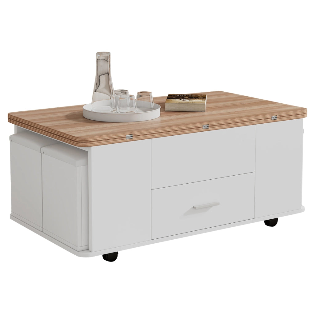 Tavolino da caffè sollevabile 100x50 cm trasformabile in tavolo da pranzo; bianco e legno naturale