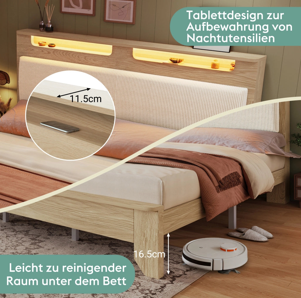 Letto matrimoniale in legno con LED e panca contenitore