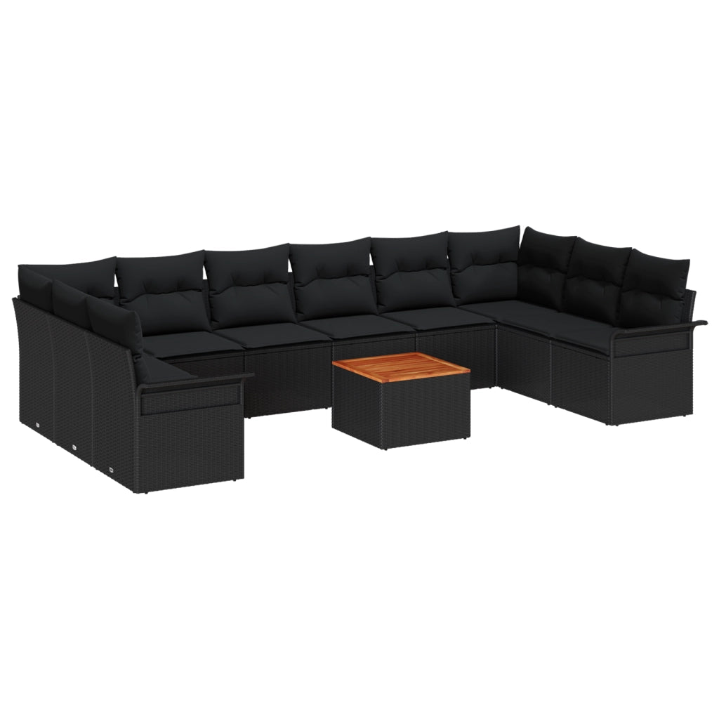 Set Divano da Giardino da 11 Pezzi con Cuscini Nero Rattan Sintetico Acacia