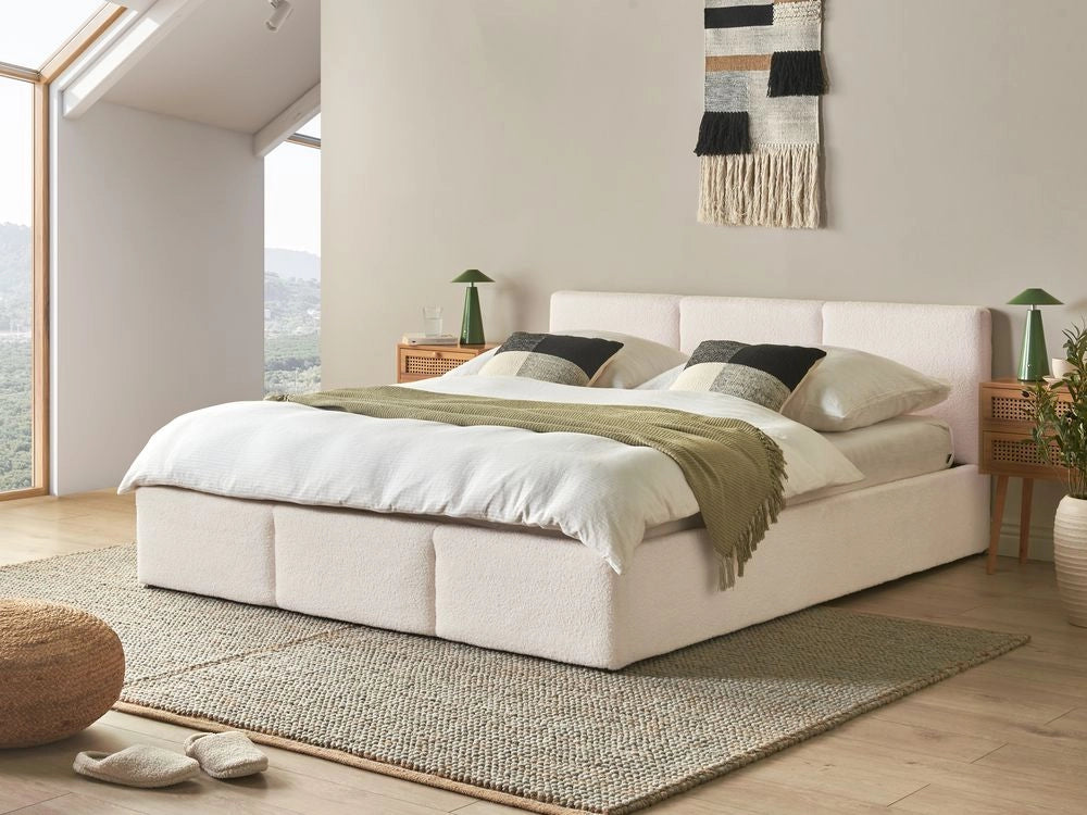 Letto matrimoniale in tessuto bouclè bianco sporco con contenitore 160 x 200 cm Testiera Rivestita Funzione Contenitore