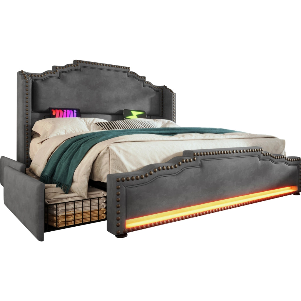 Letto matrimoniale 160x200 in velluto grigio con materasso, LED, USB-C e 4 cassetti