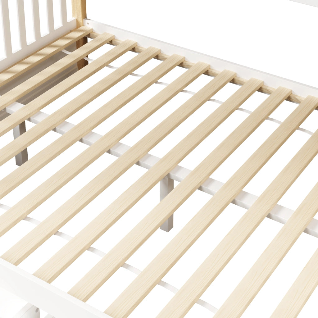 Letto a castello 90 × 200 cm et 140 × 200 cm con cassetti, barriera di sicurezza, senza materasso, pino, bianco naturale