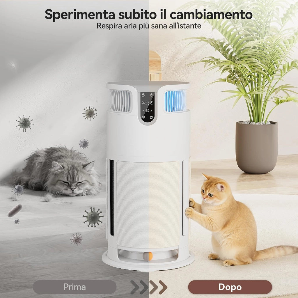 Purificatore d'Aria Intelligente per Pet, Depuratore Aria con Controllo APP Remoto, Trattiene il 99,98% di Muffe, Polvere, Polline e Peli. Completo di Tiragraffi e Giochi, Ideale per Chi Ha Animali