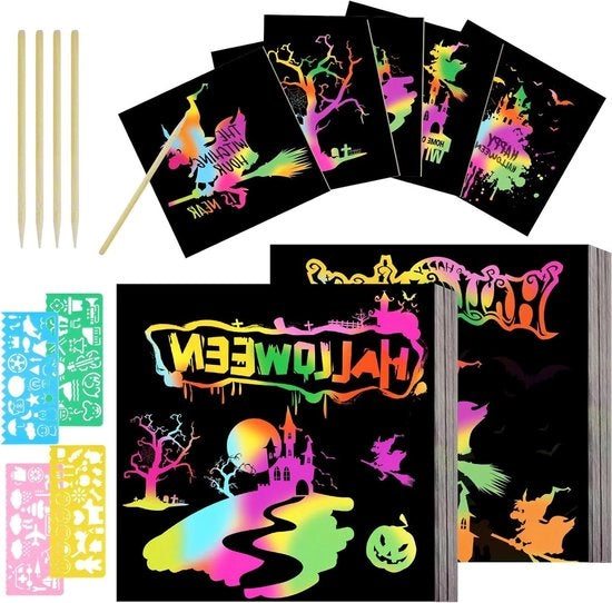 50 pezzi di Tavole di Arte della Magia Nera per Note da disegno per bambini - Arte della Magia della Rainbow - 4 Template 5 Stilus in legno Regali di compleanno Regali per Feste Fai da te