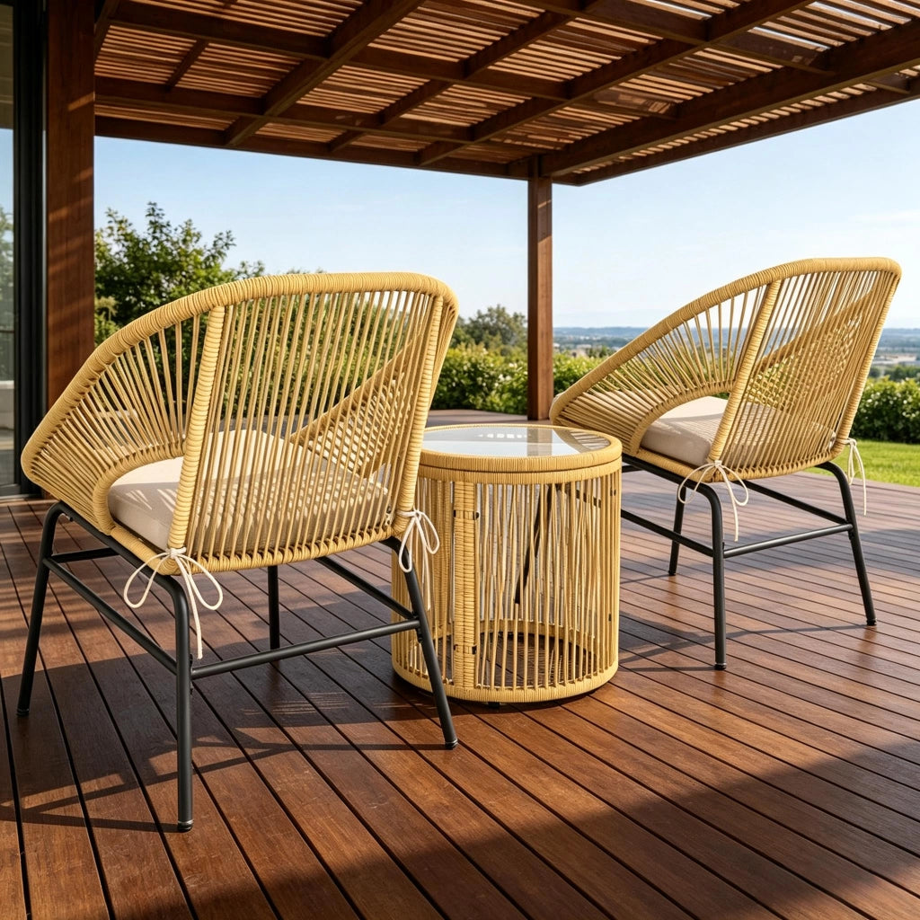 Set lounge da balcone 2 posti con tavolino rotondo in rattan sintetico beige
