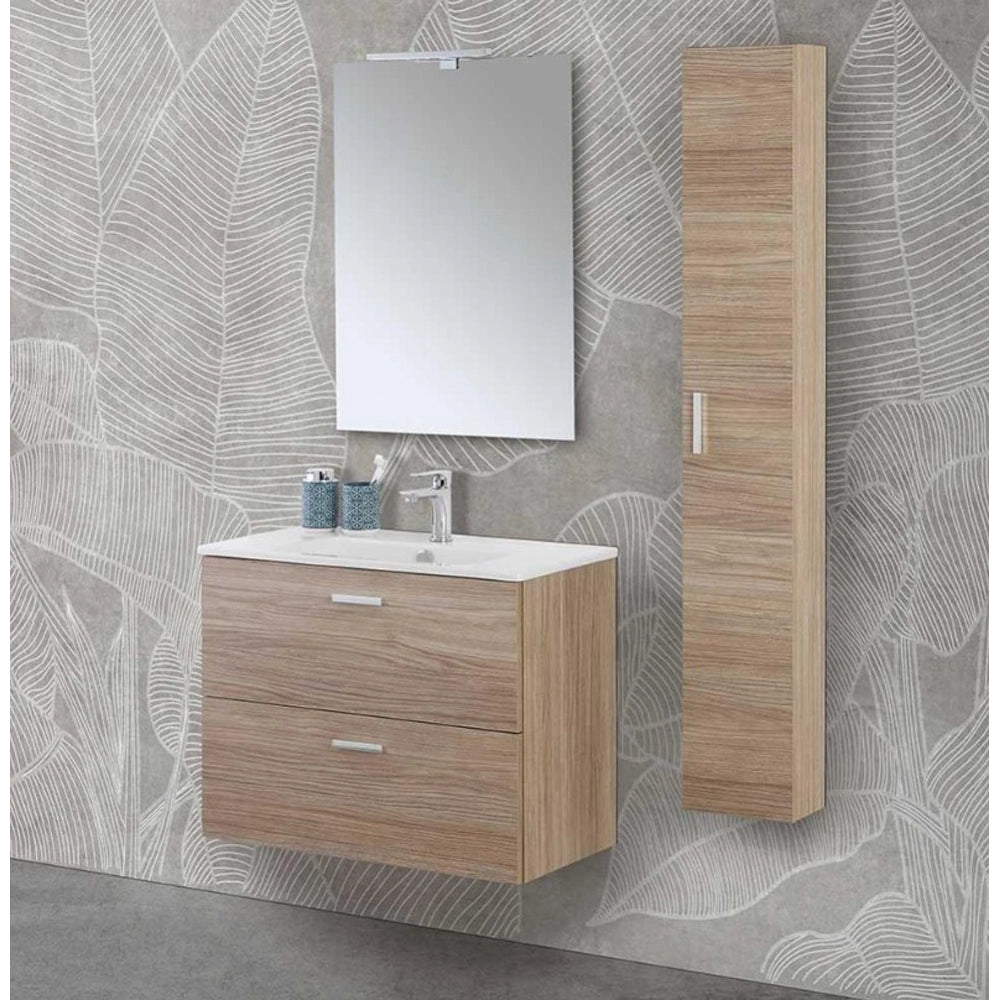 COMPOSIZIONE BAGNO SOSPESA MOBILE LAVABO 80cm 2 CASSETTI+SPECCHIO+COLONNA PENSILE ROVERE TROPEA FERIDRAS