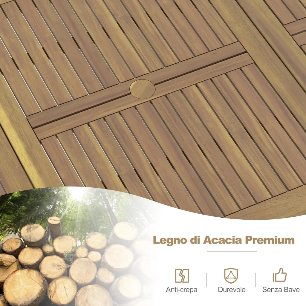 Tavolo da Pranzo a 8 Posti, Tavolo da Giardino 200 cm in Legno di Acacia, con Foro per Ombrellone da 5 cm, Gambe in Metallo, per Giardino, Cortile, Portata 75 kg (Modello 1)