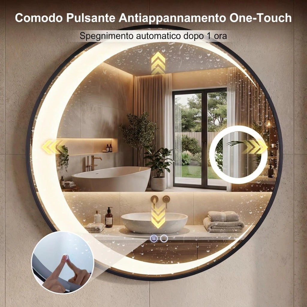 Specchio Bagno con Luce LED da 61 cm, Specchio Rotondo da Parete con Lente d'Ingrandimento 3X, Antiappannamento, 3 Colori Luce, 3000K-6500K, Luminosità Regolabile, IP44
