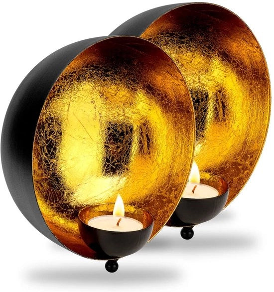 Set di 2 sostenitori di candela per parete - esterno nero opacizzato - struttura foglia dorata lucidata - forma circolare eterna - atmosfera accogliente - candele per parete