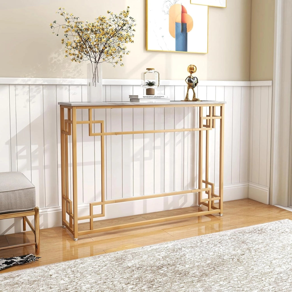 Tavolo Consolle Stretto di Ingresso Moderno con Base Dorata e Piano in Marmo Imitazione con Dispositivo Antiribaltamento per Soggiorno, Ingresso, Corridoio, Bianco e Oro, 110 x 30 x 81 cm