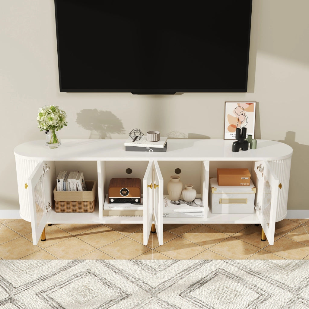 OKWISH Mobile TV con 4 Ante in Vetro, Passacavi e Cerniere Ammortizzate, per Soggiorno, MDF, 170 x 35 x 55 cm, Bianco e Oro