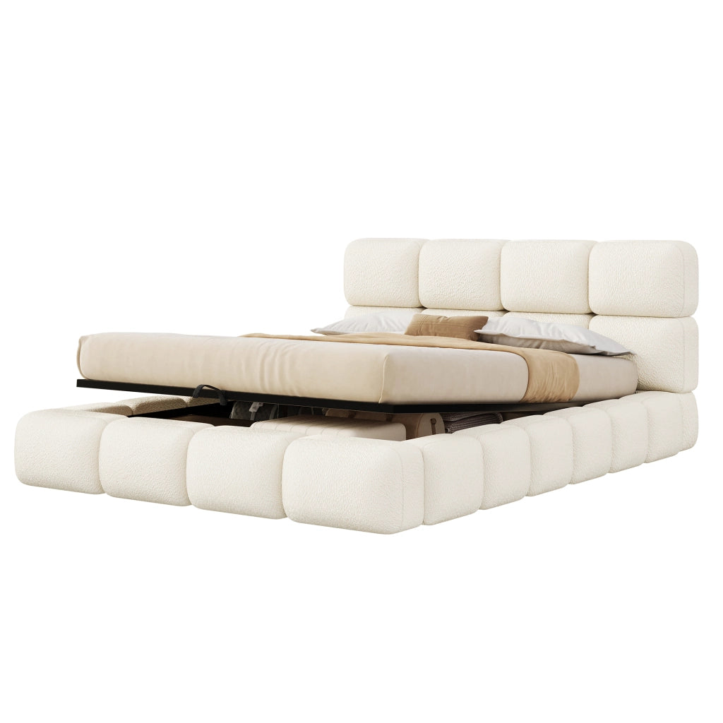 Letto matrimoniale imbottito 160x200 cm con contenitore idraulico; design nuvola bubble; tessuto bouclé bianco
