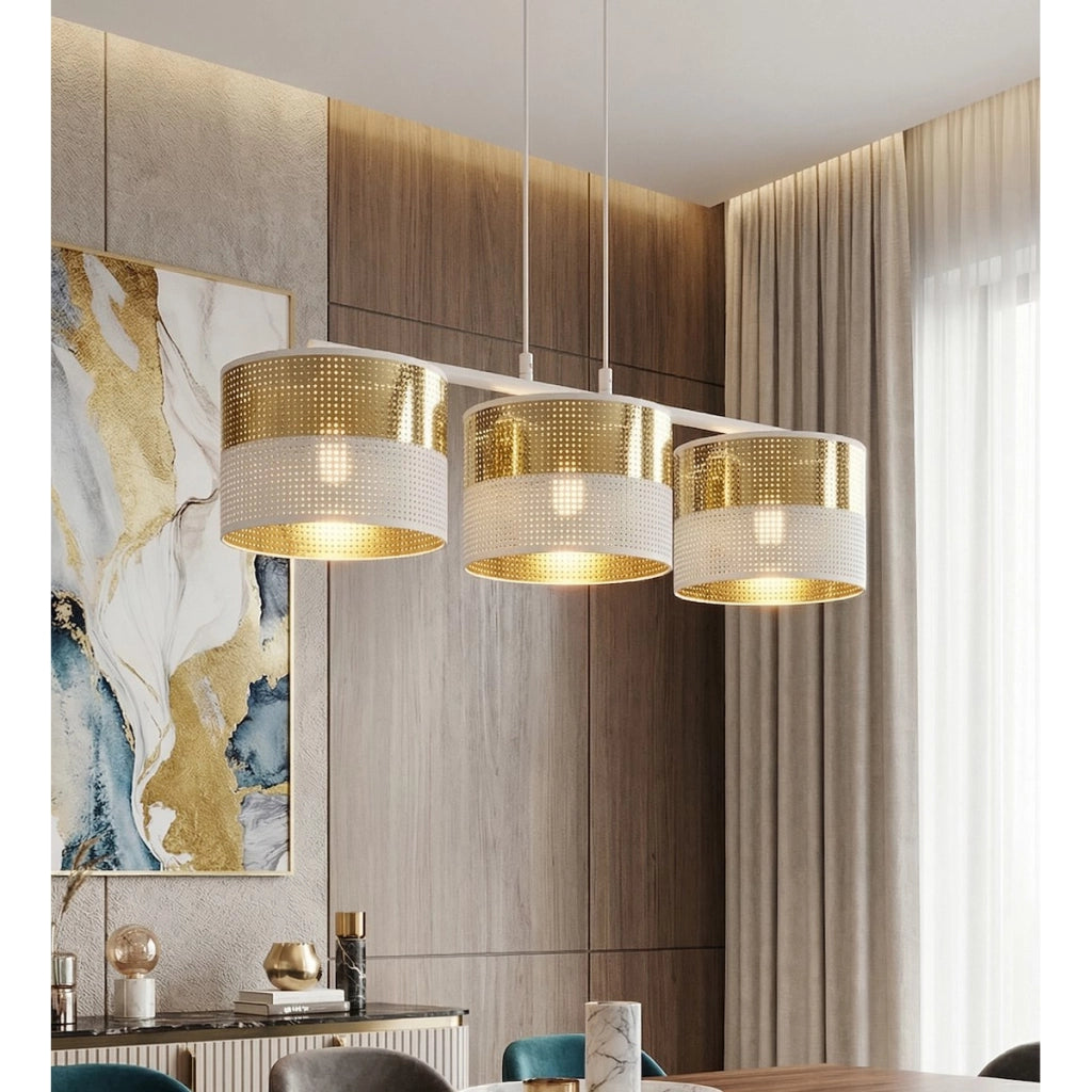 Lampada a sospensione Lux in acciaio bianco e oro