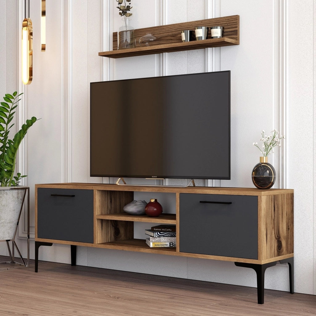 Porta TV in legno "Riga" - 140 x 30 x 48 cm - Noce-Antracite
