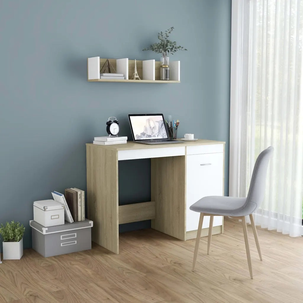 Scrivania Bianca e Rovere Sonoma 100x50x76 cm Legno Multistrato