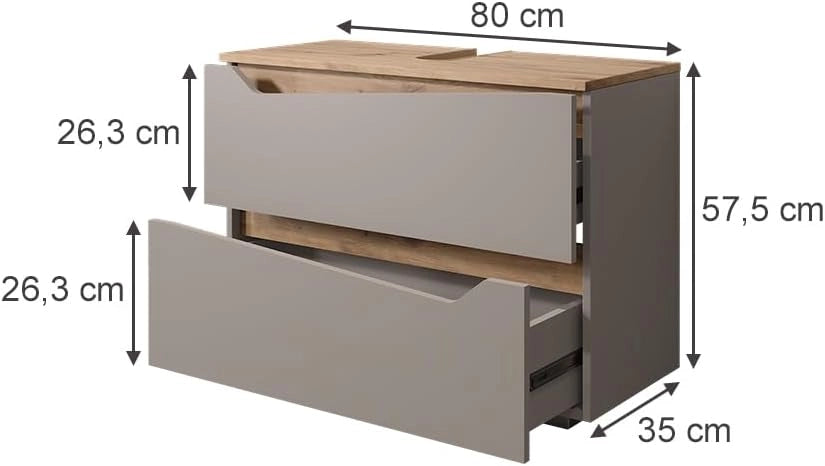 Mobile sottolavabo per bagno Marelle, Grigio, 80 x 57.5 cm con 2 cassetti, adatto per l'installazione sotto lavabi standard