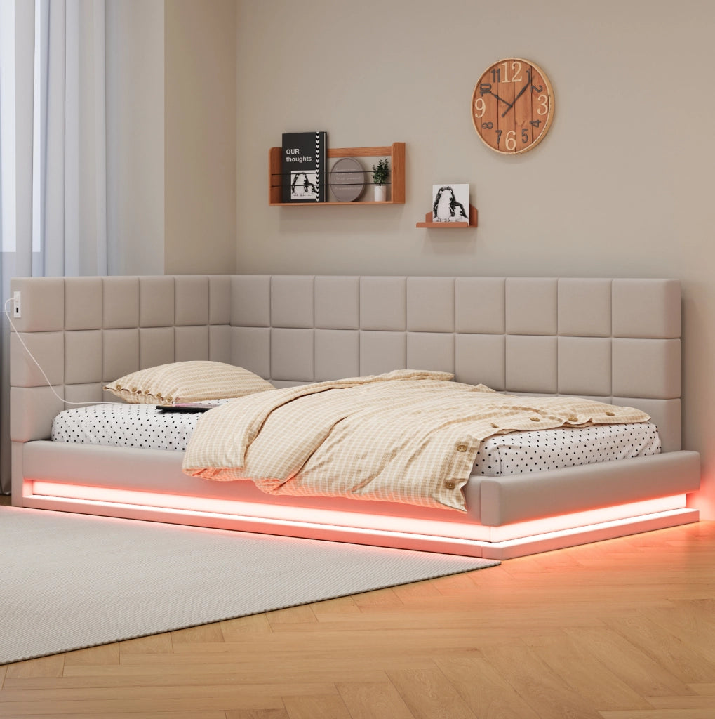 Divano letto 90x200 cm beige in lino con LED, USB e rete a doghe
