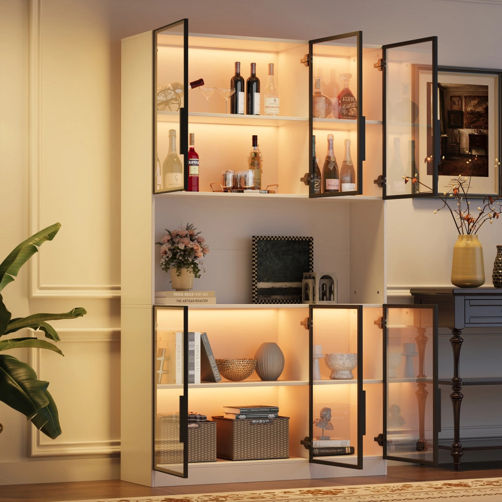 Vetrina alta con LED, 6 ante in vetro e chiusura ammortizzata, per soggiorno, in MDF e vetro, bianco, 120 × 34 × 200 cm