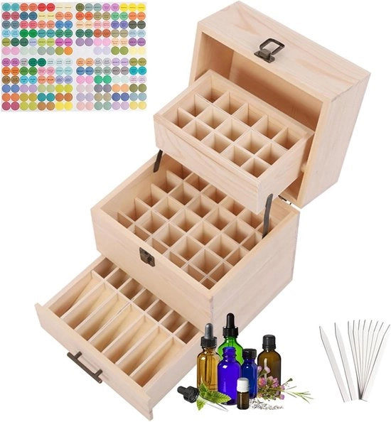 Cassa di Stoccaggio per Olio Essenziale in Legno per 59 Flaconi - Organizzatore per Aromaterapia - Risparmio di Spazio.