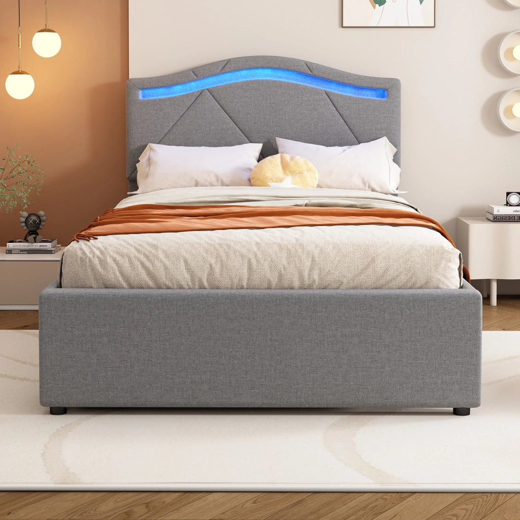 LETTO con LED e 2 cassetti 90x200 cm Lino e MDF Grigio