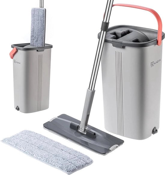 Mop Pianeggiante con Separazione dell'Acqua e Doppio Secchio per Pulizia dei Pavimenti – Set di Pulizia Duraturo con Manopola Ergonomica