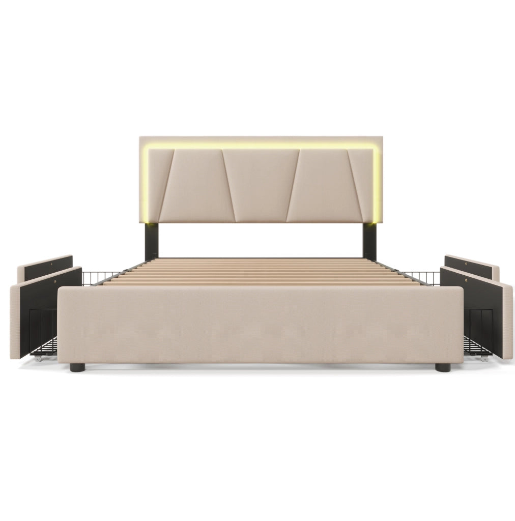 Letto matrimoniale 160x200 cm beige con LED, 4 cassetti e materasso